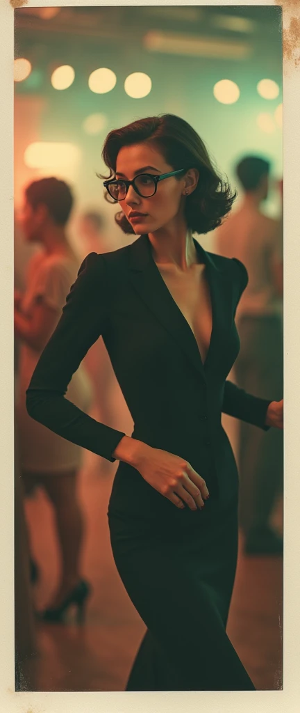 colour 1940s polaroid frame english sophisticated trophy wife femme fatale female formal dress bangs hairstyle with formal posture very exquisite quaint elegant with glasses dancing at an s gig undeground rave