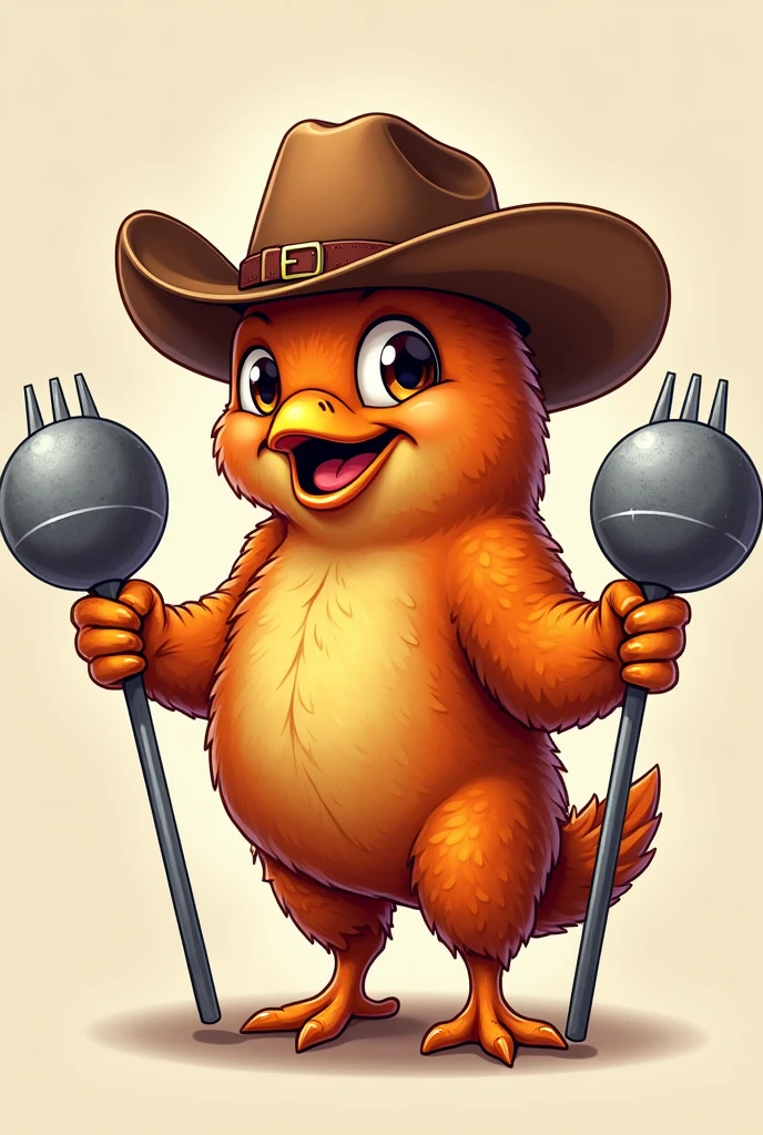 Roasted chicken with cowboy hat and forks simulating weights to create a logo (Sr. Pollo-jon