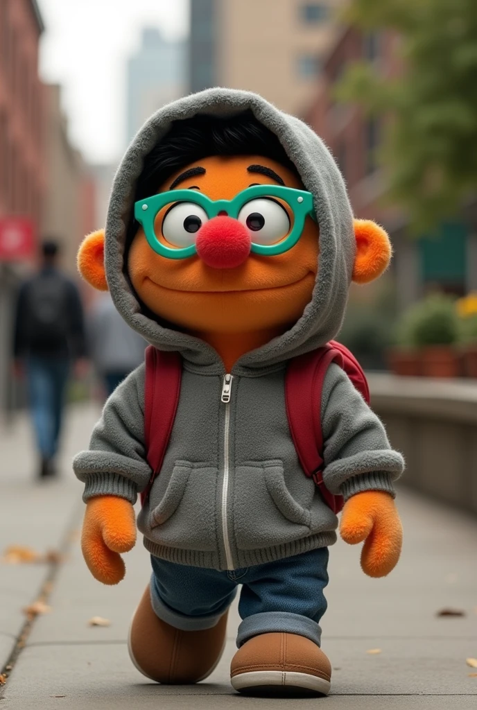 Small Enrique Sesame Street doll with a gray hoodie and backpack on the way to school with a red nose and green sunglasses