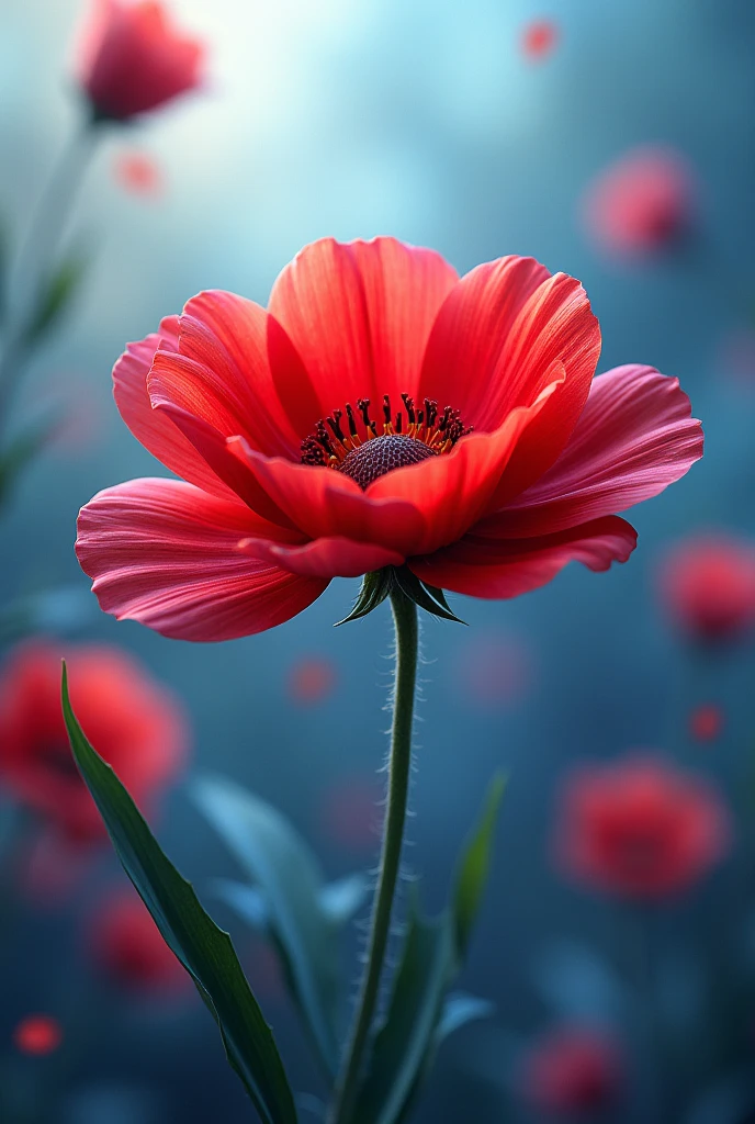 A single large red flower,blue and white