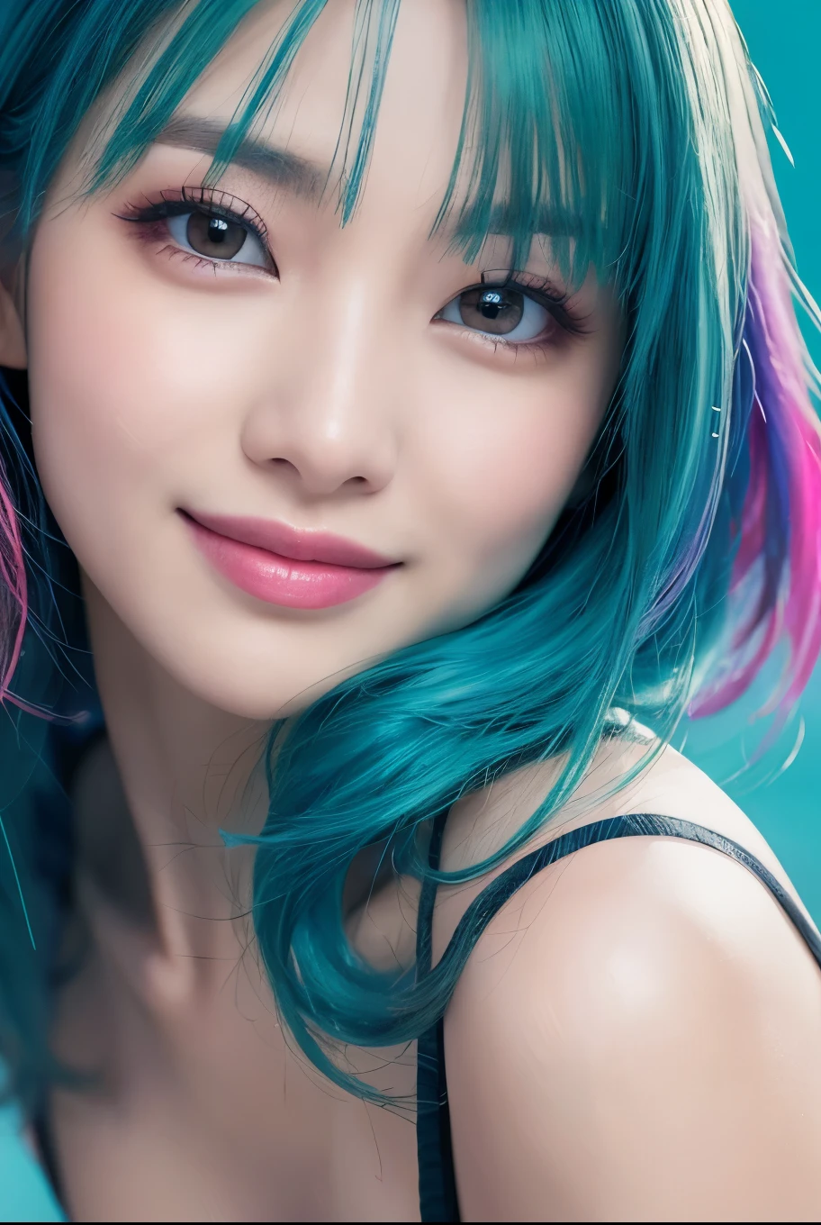 high quality, real、High resolution, Realistic、8k、masterpiece, detailed.impressive, Cutting-edge female photography portraits、Smile without showing your teeth、Looking at the camera、Asahi、cyan, and purple, Her vibrant makeup really catches the eye.. Her colorful hair is tied up high、Various hair colors