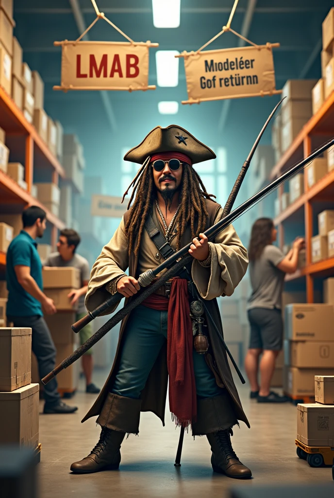Create an image of Jack Sparrow, who is standing in front of a lot of packages and has several fishing rods and fishing equipment in his hand.
Jack Sparrow is said to be in a returns warehouse for fishing equipment.
He should laugh in a friendly manner. look at the camera, zoom in and present the fishing and hold a package. Wear sunglasses. Above him hangs a sign that says " LMAB" and a sign that says in German"Master of Returns"
In the background, employees are packing