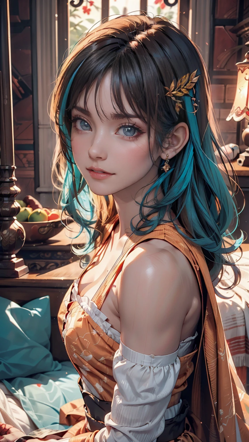 Light blue hair, Turquoise Eyes, Long eyelashes, Big Red Lips, Apricot-colored eyes, beauty, Like, Curly Hair, Princess