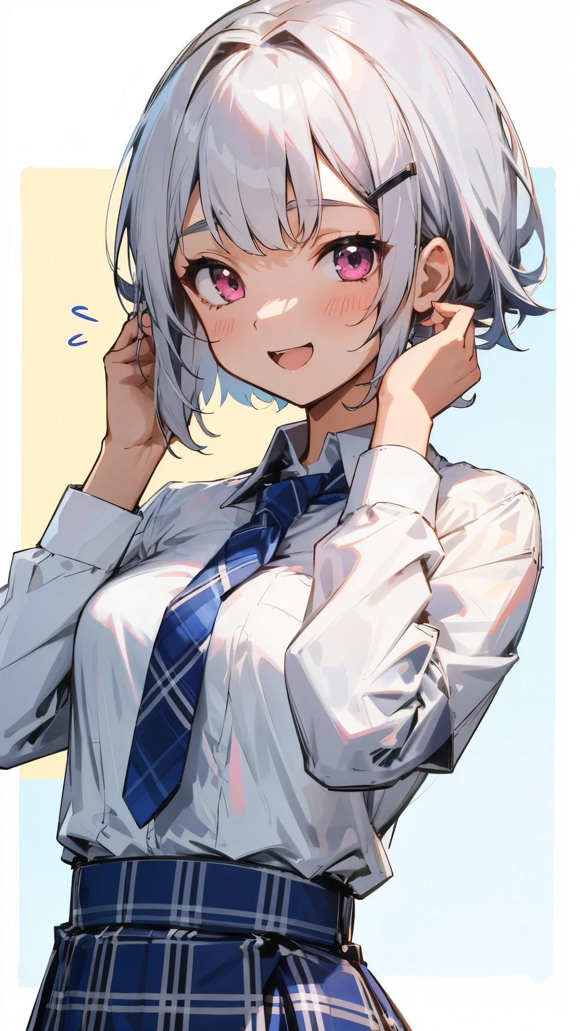 Silver and bob short hairstyle, Tie your hair up with a hair clip, Pink Eyes、white blouse shirt, Tartan Check Skirt, Upper Body、smile, Open your mouth, After-School Classes