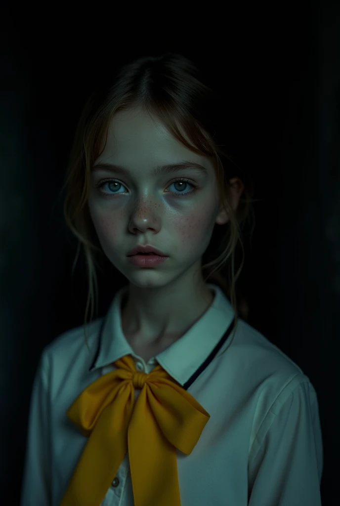 8k photo of a girl with a yellow bow in her hair in an endless dark corridor, there is no light in the place