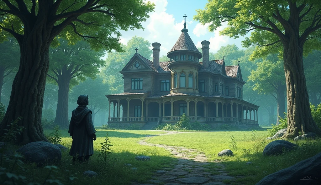 A deserted view of the mansion: A secluded and quiet view of the mansion with the stone statue of Ramu, with the leaves of the trees rustling with the wind.