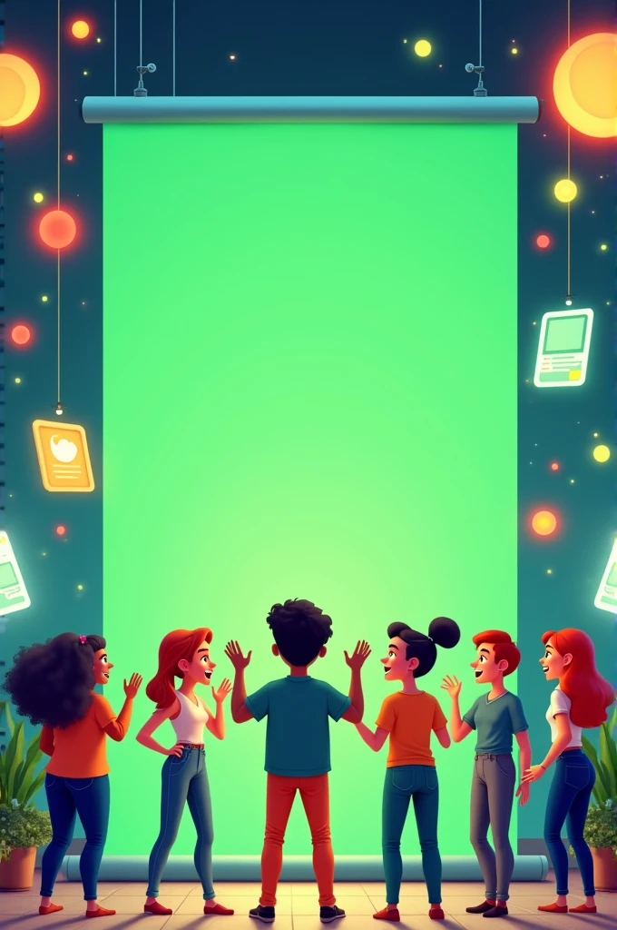 a green screen for a group of young innovators as cartoon