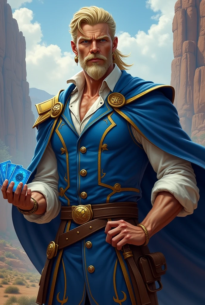 I would like a handsome and strong man with blonde hair swept back, a well-groomed beard, earrings, and a stallion-like face. He wears a blue vest with shoulder pads and gold details, a cape in the back, a high collar on the shirt beneath the vest, pants, boots, and a blue magical deck in his hand. I would like him to have a mature style and for the art to be in a fantasy RPG style set in the Old West.