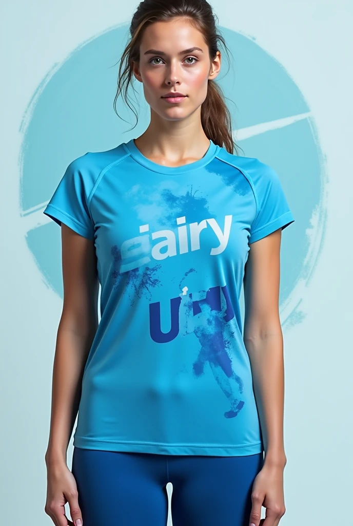 Create a women's sports t-shirt with designs in blue,light blue short sleeve