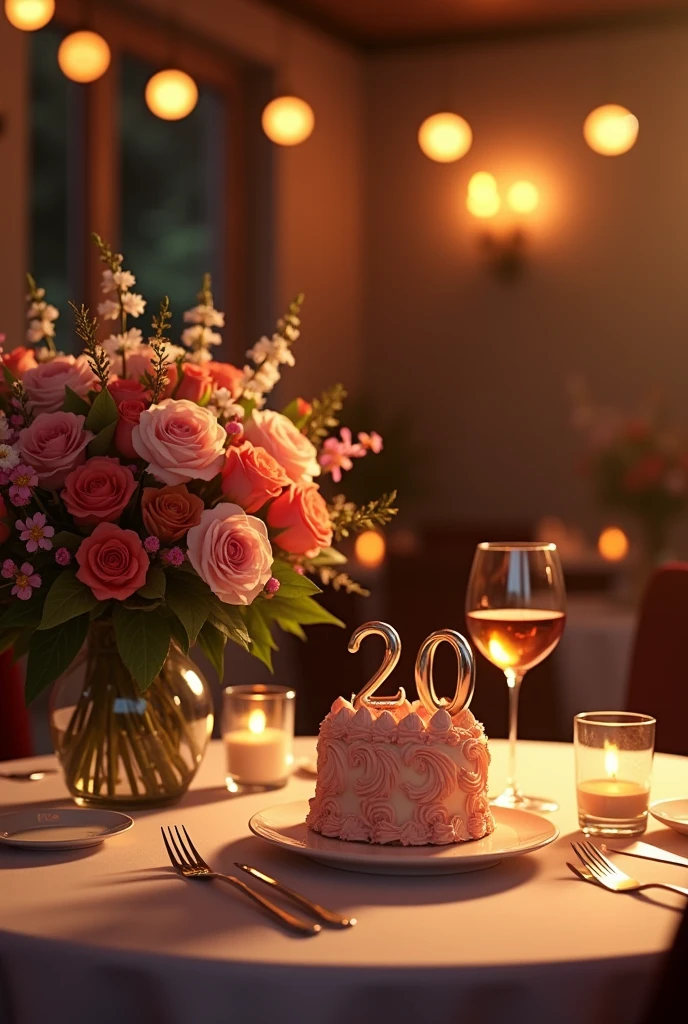 Happy 20th anniversary bouquet and cake and wine with warm colors on restaurant with romanatic ambiance 
