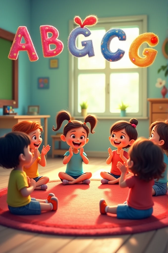 A colorful, animated classroom setting with cheerful kids sitting on a bright rug in a circle. The alphabet letters A to G appear one by one in big, bubbly font above the kids' heads. The letters are lively, each with a unique color and pattern. As each letter appears, it briefly animates—e.g., the "A" might apple-themed, and the "G" could be covered in glitter. The children are clapping along with the rhythm.