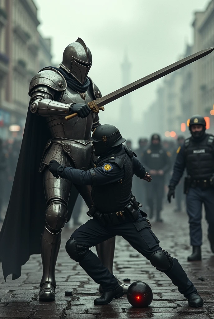 draw a picture of an iron clad sword knight stabbing a police officer in the stomach with his long sword, stabbing a fully dressed police officer and a fallen police shield and helmet with a typical police face covering ,set during a political demonstration