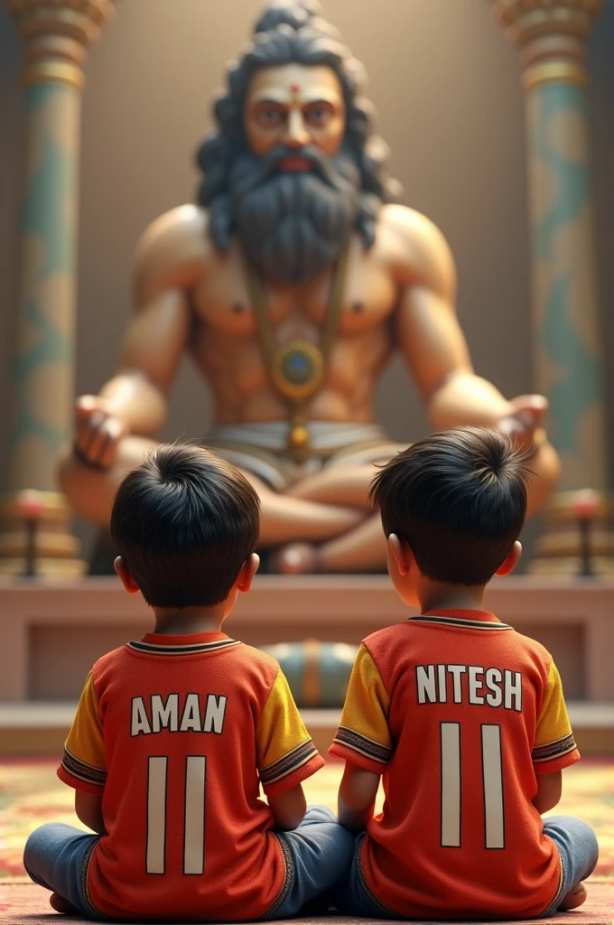 Two boys wear Aman and Nitesh name jersey each sitting in front of lord Hanuman