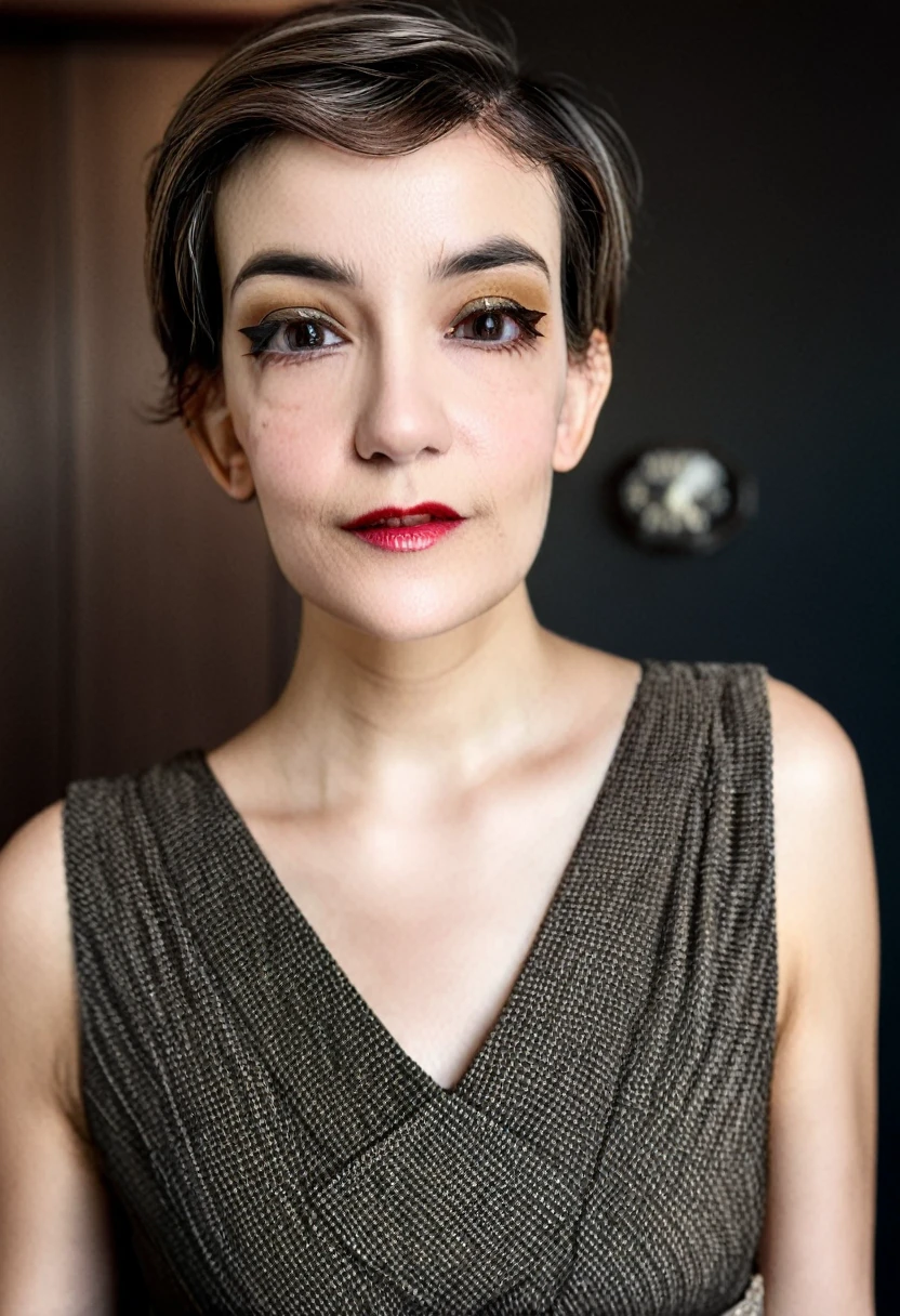 22 yrs Beautiful woman, short pixie fade hair, right side hair part, ((pixiecut fade)), Flowing sleeveless Dress, (close-up, editorial photograph), [[Wide-angle photo]], (background inside dark, moody, private study:1.3), full body portrait, by lee jeffries, nikon d850, film stock photograph, 4 kodak portra 400, camera f1.6 lens, rich colors, hyper realistic, lifelike texture, dramatic lighting, cinestill 800, eye contact, faint smile, 1920s style, , soft makeup, Dark Hazel eyes, Eye contact, young woman in her 20's,
