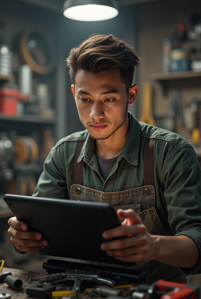 With a tablet  in hand, a young mechanic man looking at us