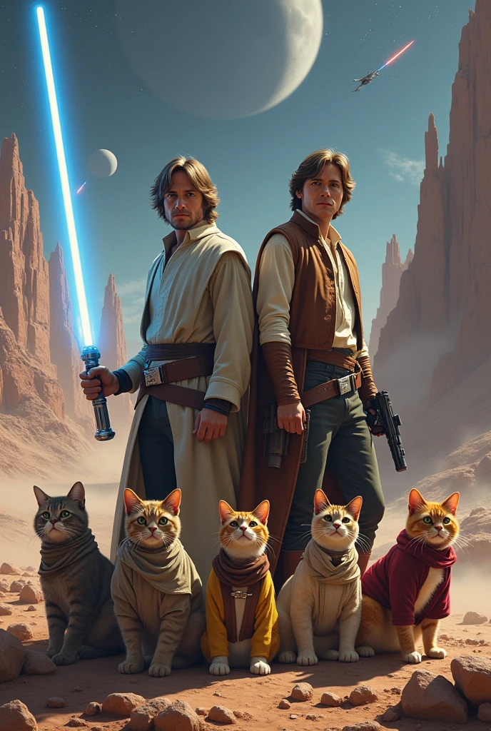 Luke in Star Wars、Han solo、Cats dressed as characters from Princess Leia.dramatic,4K