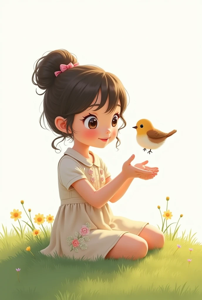 white background,cute  siting on grass,she look at the little bird,rais her hands to the little bird,little bird flying,best quality,smart frock wearing the girl