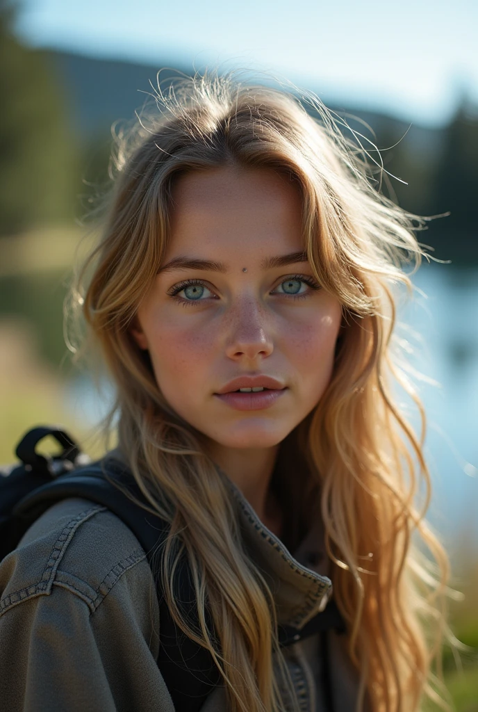 beautiFul European girl with yeux bleus and blonde hair, qui fait une randonnée, proche d'un lac, front photo ultra haute résolution, (Fotorrealista: 1.4), haute résolution , (Finely détaillé skin), (yeux bleus), (perFect proportions) (photos réalistes) (chef-d'œuvre) (Fotorrealista), Ultraréaliste (Meilleure qualité) (détaillé) Photographié avec un Canon EOS R5, objectif 50 mm, F/2.8, (8k) (fond d'écran) (Éclairage cinématographique) (Éclairage dramatique) (Complexe) Fashion