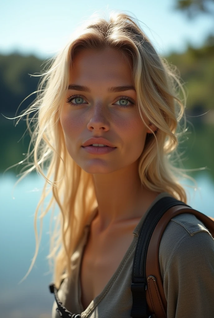 beautiFul European girl with yeux bleus and blonde hair, qui fait une randonnée, proche d'un lac, front photo ultra haute résolution, (Fotorrealista: 1.4), haute résolution , (Finely détaillé skin), (yeux bleus), (perFect proportions) (photos réalistes) (chef-d'œuvre) (Fotorrealista), Ultraréaliste (Meilleure qualité) (détaillé) Photographié avec un Canon EOS R5, objectif 50 mm, F/2.8, (8k) (fond d'écran) (Éclairage cinématographique) (Éclairage dramatique) (Complexe) Fashion