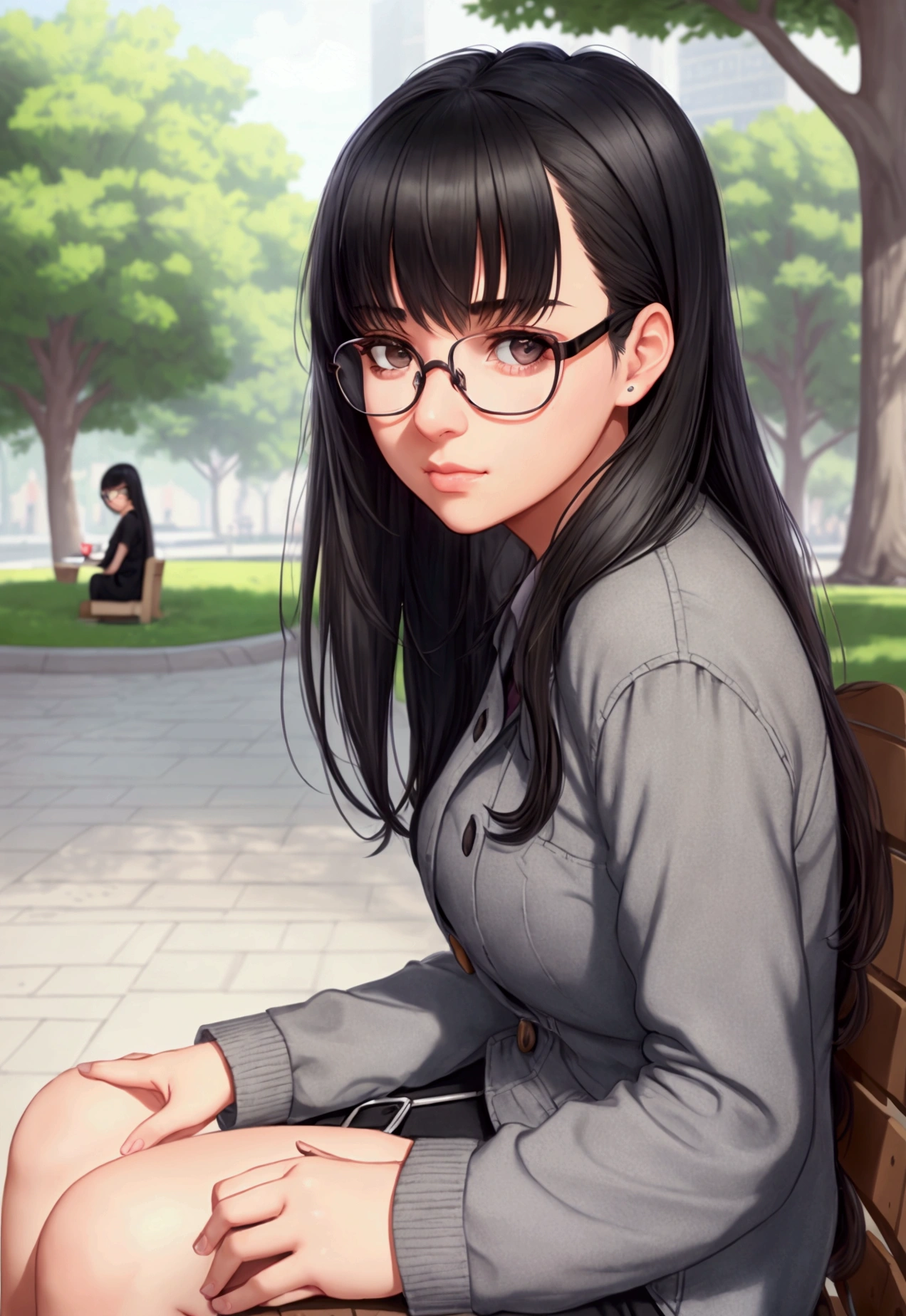 a young woman with glasses, gray eyes, expressive look, black hair with bangs, sitting in a park looking for inspiration, wide shot, cinematic lighting, pixar style, intricate details, beautiful character design, soft lighting, vivid colors, highly detailed portrait, photorealistic, masterpiece