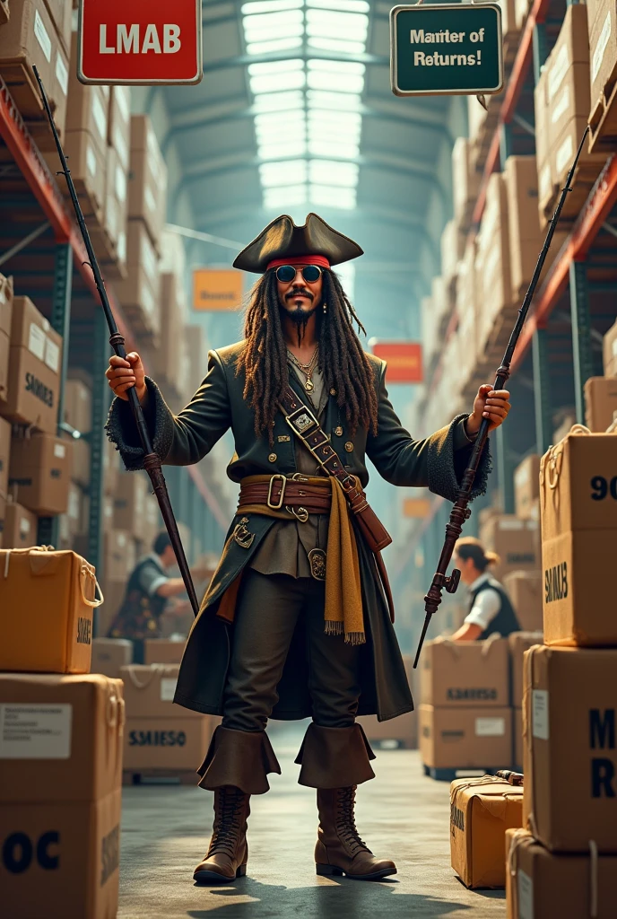 Create an image of Jack Sparrow, who is standing in front of a lot of packages and has several fishing rods and fishing equipment in his hand. 
Jack Sparrow is said to be in a returns warehouse for fishing equipment.
He should laugh in a friendly manner.  look at the camera, zoom in and present the fishing and hold a package. Wear sunglasses. Above him hangs a sign that says " LMAB" and a sign that says in German"Master of Returns"
In the background, employees are packing 
