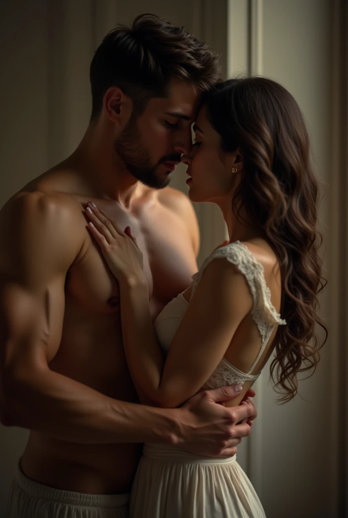 A couple in a romantic embrace, intimate and passionate, delicate skin tones, soft lighting, detailed facial features, intricate clothing textures, sensual and erotic atmosphere, masterfully crafted, photorealistic, ultra-detailed, 8k, dramatic colors, chiaroscuro lighting