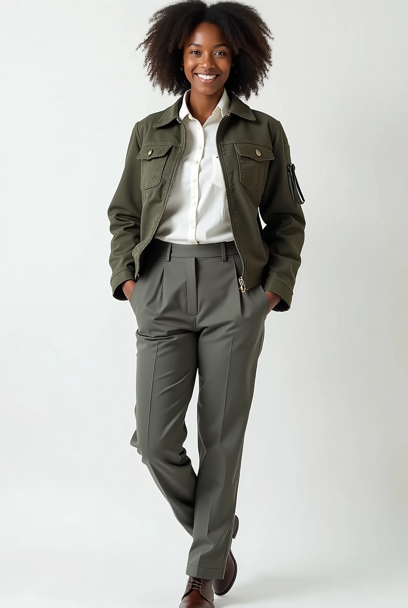 I want to create a woman, Black, 40 years old, wearing aviator clothing. This woman will be the instructor of a training session. Keep the background of the image white. She is smiling.