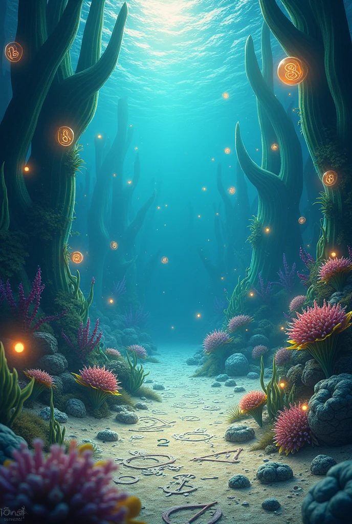 Create a seabed where you can see images related to the area of mathematics with numbers, algorithms, mathematical symbols