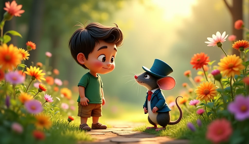 {
  "size": "1024x1792",
  "prompt": "A curious young boy named Léo, with a green shirt and brown shorts, stands in a colorful garden full of flowers. He is surprised to see a small, friendly rat wearing a blue elegant hat, standing on a rock. The scene is vibrant with sunlight, and the garden is lush and full of life."
}