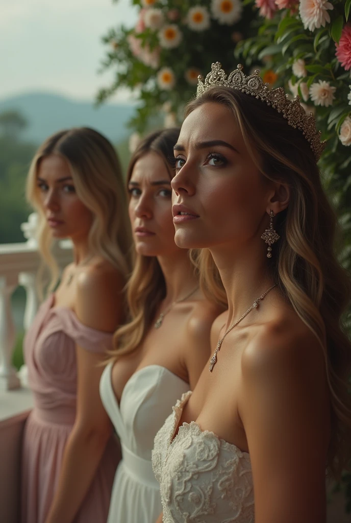 A few beautiful girls are angry and looking at the wedding ceremony.