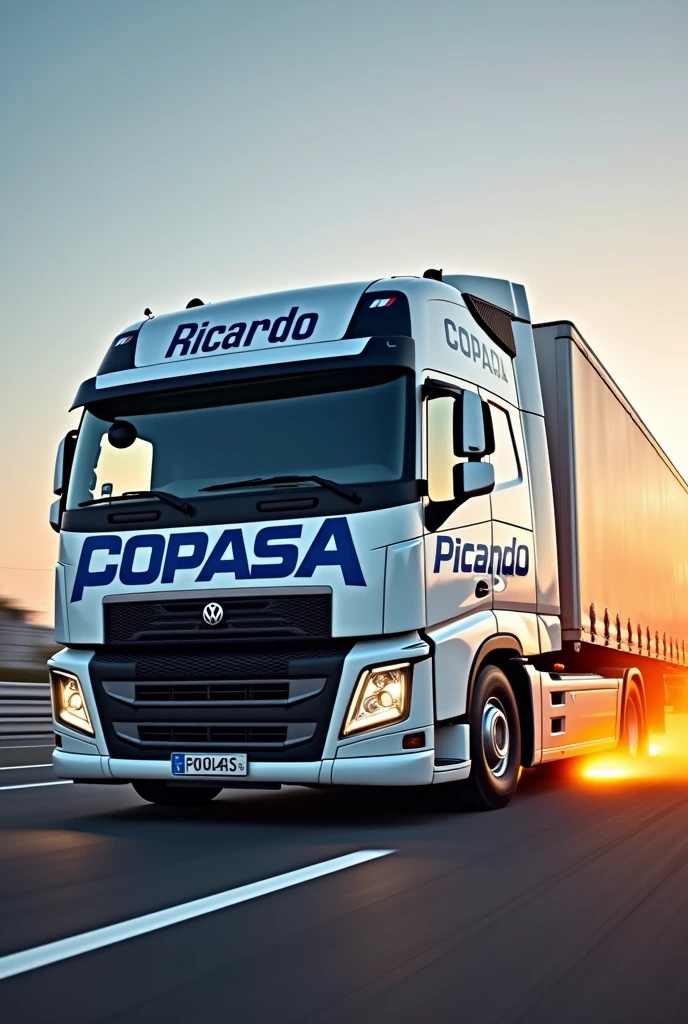 Create a large Brazilian Volkswagen Formula Truck racing truck, white with blue Write Ricardo and team A and COPASA on the truck EXHAUST ON FIRE