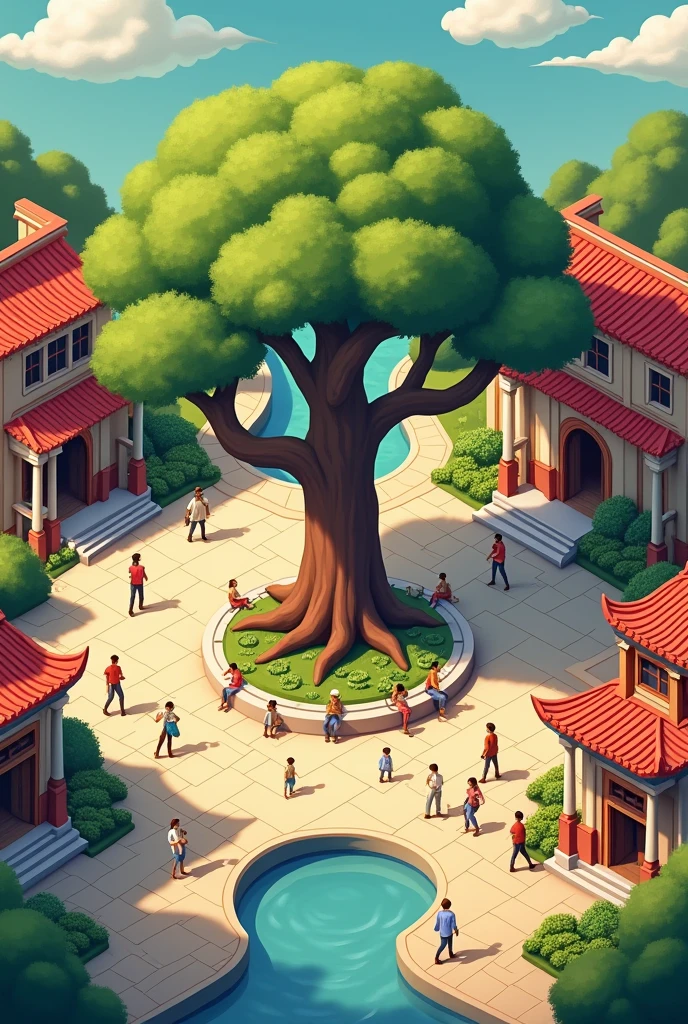 Resource for isometric game kingdom rush style. Shows the center of a community, It is a circular plaza with a giant tree in the middle., symbolizing growth and unity. There are public buildings around, such as libraries., learning centers and meeting spaces.