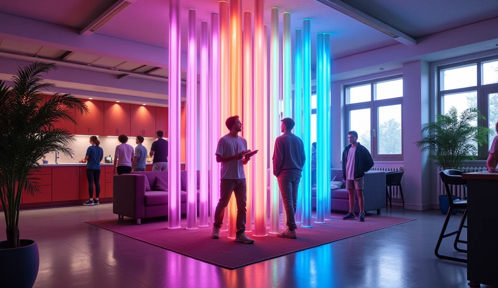 This is a baseball player's dormitory with excellent natural lighting. The second-floor common area includes a living room, kitchen, and a central lounge. In the lounge, there are 12 acrylic tubes, each 5 cm wide and 100 cm tall, standing vertically and emitting various colored lights,