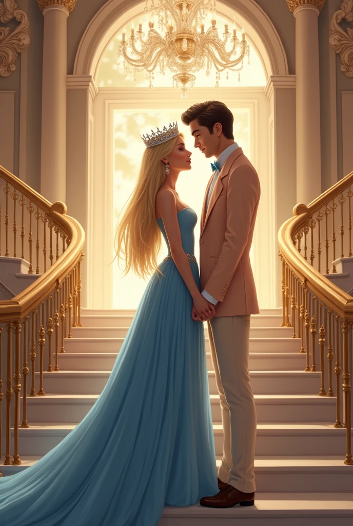 In the grand ballroom, a young woman of twenty with a fair complexion and long, straight blonde hair stands gracefully on the staircase. She wears a light blue royal gown that cascades elegantly around her, and a delicate tiara sparkles atop her head. Beside her, a handsome young man, also twenty years old with fair skin and dark brown hair, dons a light peach suit and wearing a simple crown on his head. The young man is wearing a beautiful prince crown on his head. They stand close together, holding hands, their gazes locked in a moment of shared affection. The opulent setting of the ballroom, with its sparkling chandeliers and rich decor, enhances the regal and romantic atmosphere of their poised presence.