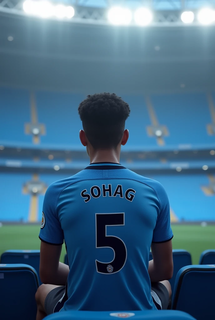 A young men age of 2 height of 5 feet 8 inch with a weight of 70 kg medium health boy sitting alone in Etihad stadium wearing a man city 2024-2025 season home jersey no 5 named SOHAG