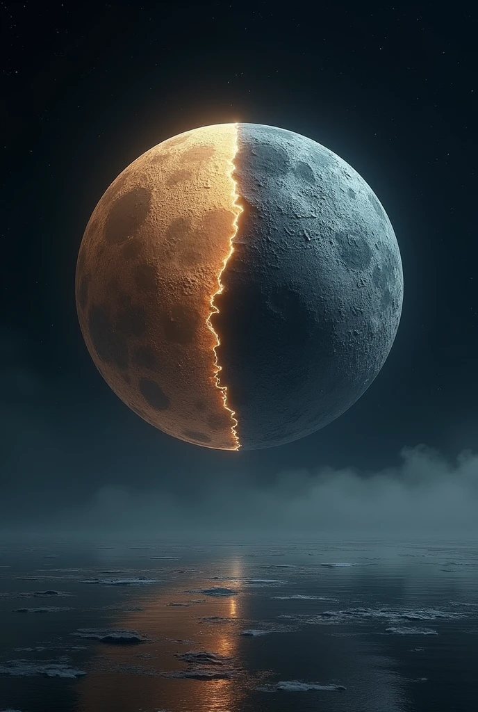 A moon with half of its face being half a poker chip that merges together