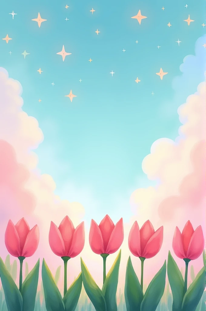 I want a row of pink 2d tulips having three petals as well as green leaves and dreamy pinkish clouds above it. Also add four handed stars with a blue sky.