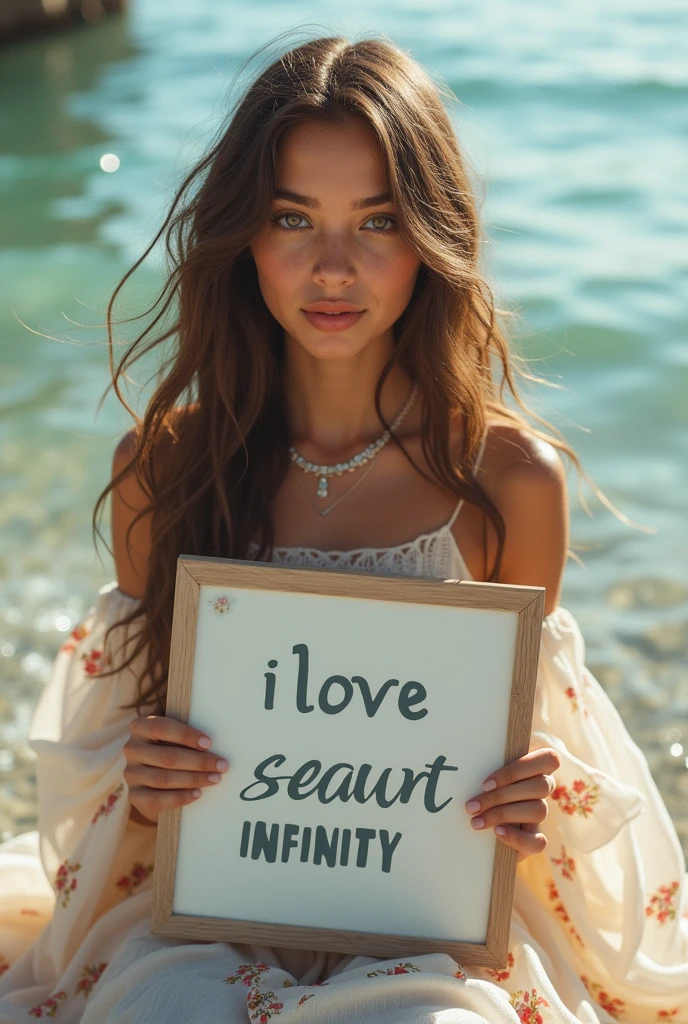 Beautiful girl with wavy long hair, bohemian dress, holding a white board with text "I Love Seaart Infinity" and showing it to the viewer