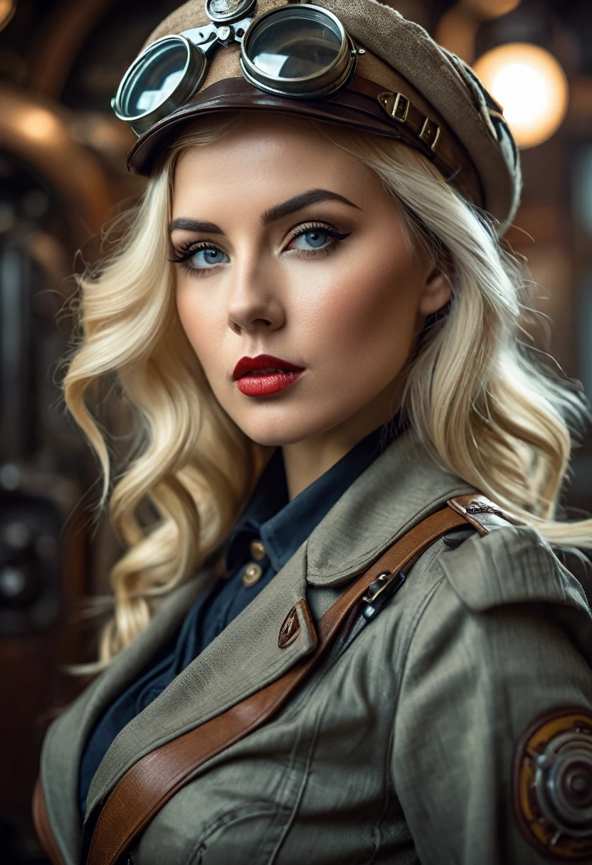 a blonde woman, with dieselpunk clothes, model shoot style, (extremely detailed 8k CG wallpaper unit), photo of the most beautiful art in the world, majestic professional (Photography by Steve McCurry), 8k hd, DSLR, Soft lighting, high quality, film grain, Fujifilm XT3 sharp focus, f 5.6, High detail, sharp focus, dramatic, (wearing dieselpunk clothing), (looking at the viewer:1.2), (natural light), (seductive)
