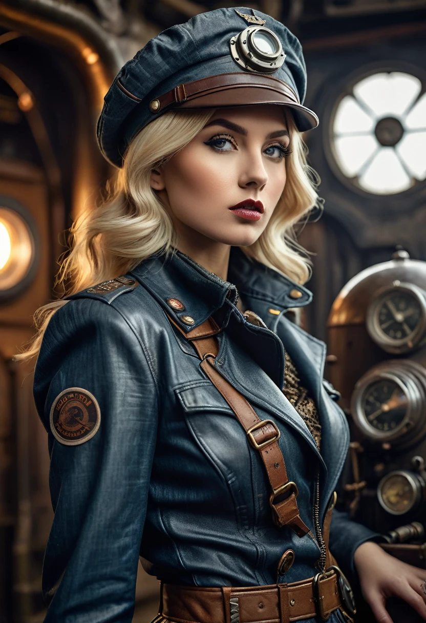a blonde woman, with dieselpunk clothes, model shoot style, (extremely detailed 8k CG wallpaper unit), photo of the most beautiful art in the world, majestic professional (Photography by Steve McCurry), 8k hd, DSLR, Soft lighting, high quality, film grain, Fujifilm XT3 sharp focus, f 5.6, High detail, sharp focus, dramatic, (wearing dieselpunk clothing), (looking at the viewer:1.2),  (natural light), (seductive)
