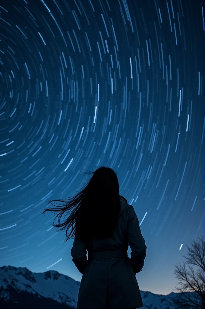 many stars twinkling in a beautiful winter night sky, long exposure of starry sky with many circular orbits, silhouette of a young woman with long hair with her hands in her coat pockets looking up, photo taken from a long distance, photo below