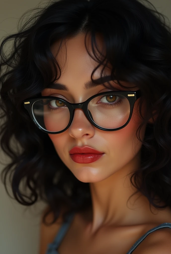 Woman with beautiful hair, cacheado blackw, rounded face, prominent cheeks,
lips enlarged in red color, lightbrown eyes, wearing prescription glasses, blackw