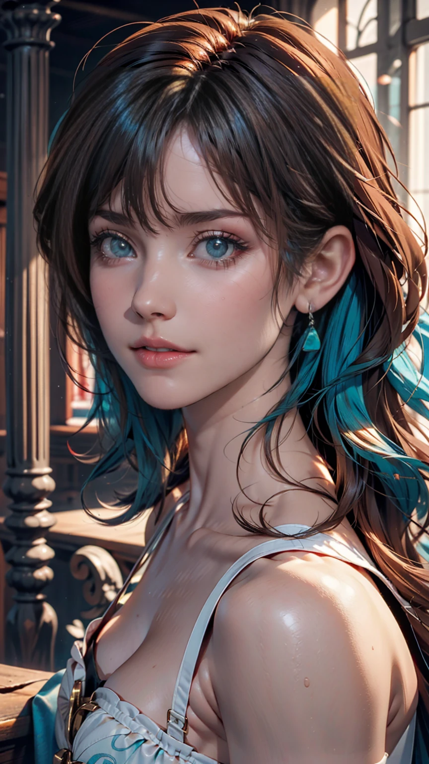Light blue hair, Turquoise Eyes, Long eyelashes, Big Red Lips, Apricot-colored eyes, beauty, Like, Curly Hair, Princess