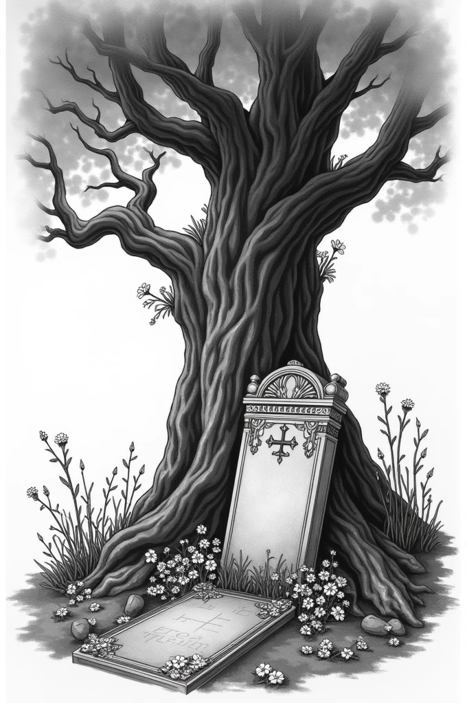 Design for a tattoo of Eren Jeager's grave and the tree from the anime Shingeki no kyojin in black and white and with a painting, that it has the same tombstone design with the flowers that Mikasa left him