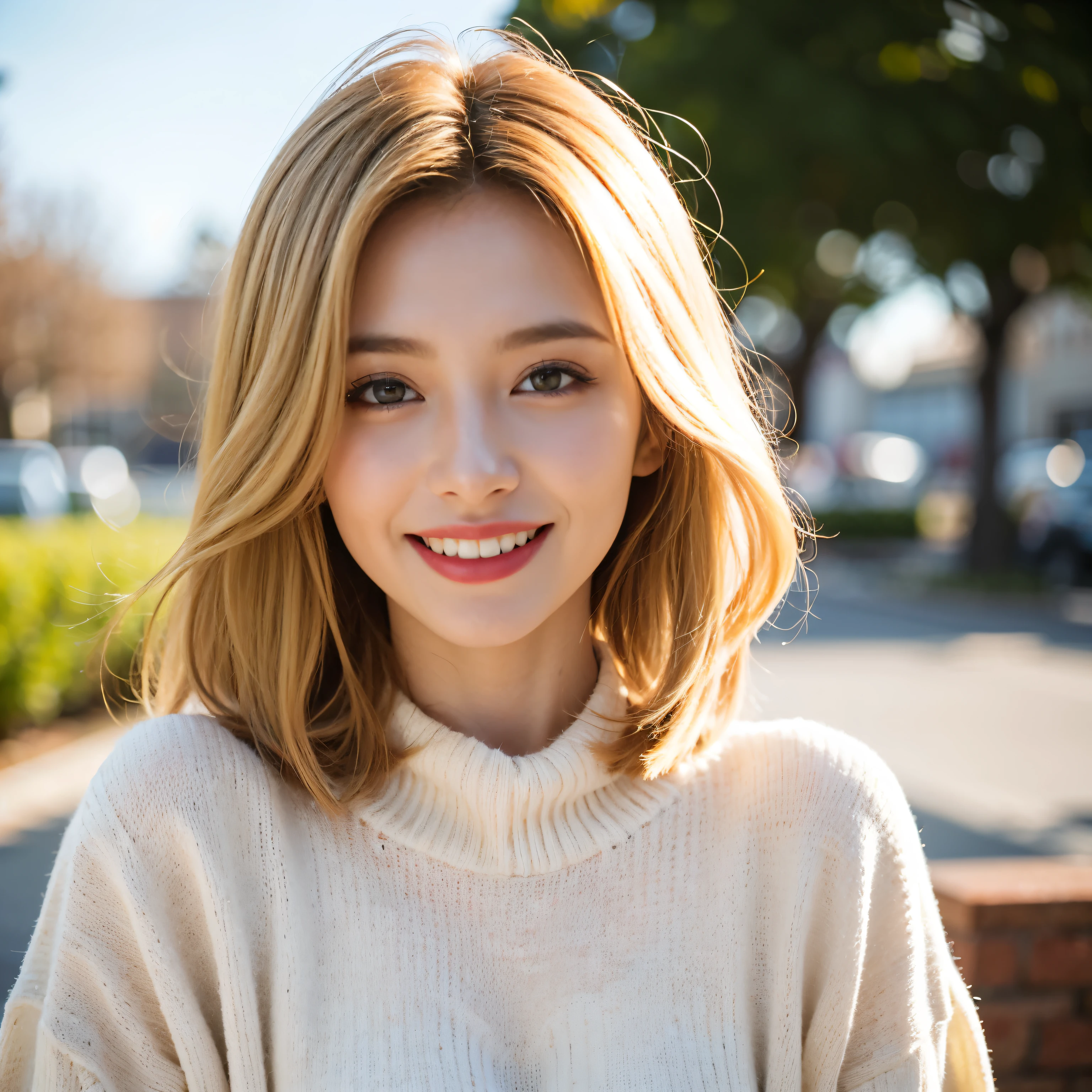 Portrait of a blonde model wearing a warm designer sweater, Brand clothing style, The sweater is completely exposed,  GH5, Happy expression, Low key image, Clear Texture - Image #2 @Slim Slim