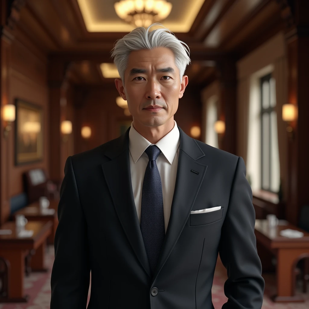 Wearing a smart suit、Stand in a prestigious location、White haired man , With a serious face, fit、Japanese face、Age 25、No beard.、Thin eyebrows、Real