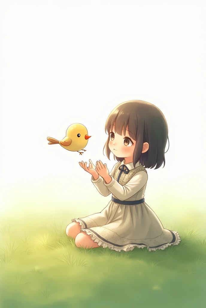 white background,cute siting on grass,she look at the little bird,rais her hands to the little bird,little bird flying,best quality,smart frock wearing the girl