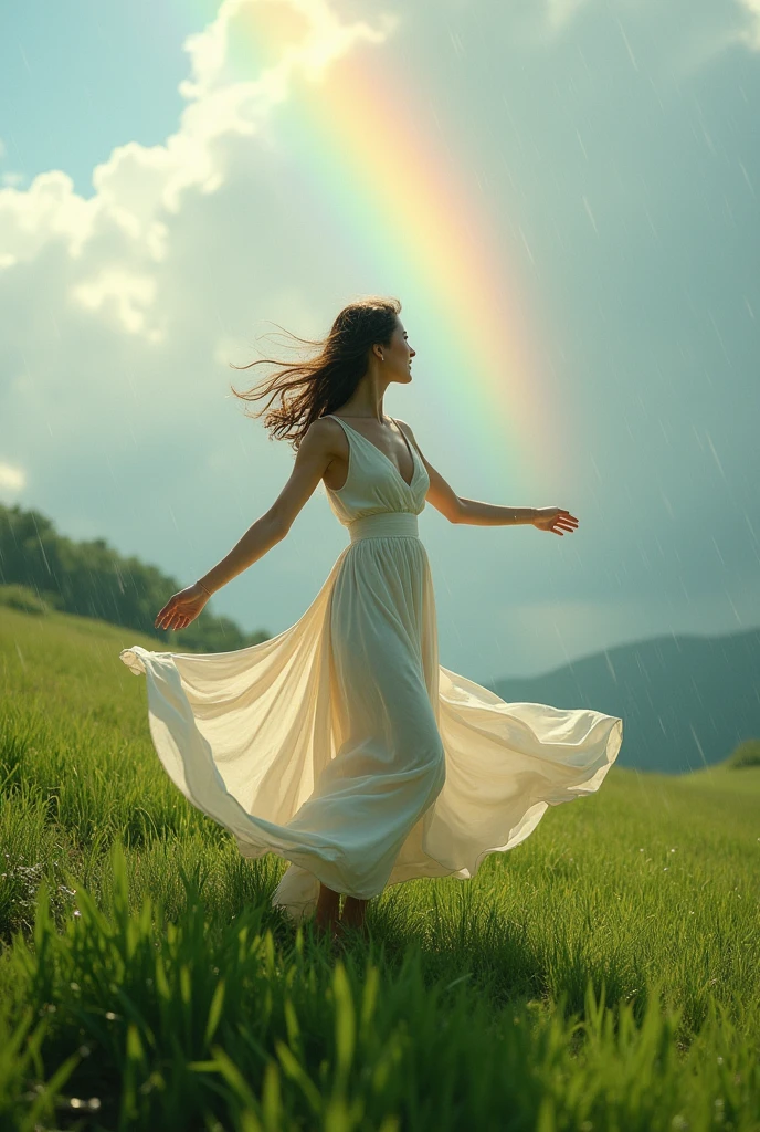Photoshoot of a beautiful woman dancing on a green hill and enjoying the sound of rain and a rainbow