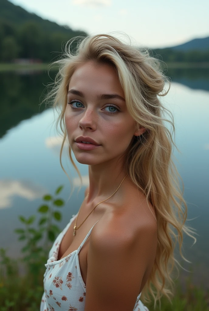 beautiFul European girl with yeux bleus and blonde hair, qui fait une randonnée, proche d'un lac, ultra haute résolution, (Fotorrealista: 1.4), haute résolution , (Finely détaillé skin), (yeux bleus), (perFect proportions) (photos réalistes) (chef-d&#39;œuvre) (Fotorrealista), Ultraréaliste (Meilleure qualité) (détaillé) Photographié avec un Canon EOS R5, objectif 50 mm, F/2.8, (8k) (fond d&#39;écran) (Éclairage cinématographique) (Éclairage dramatique) (Complexe) Fashion