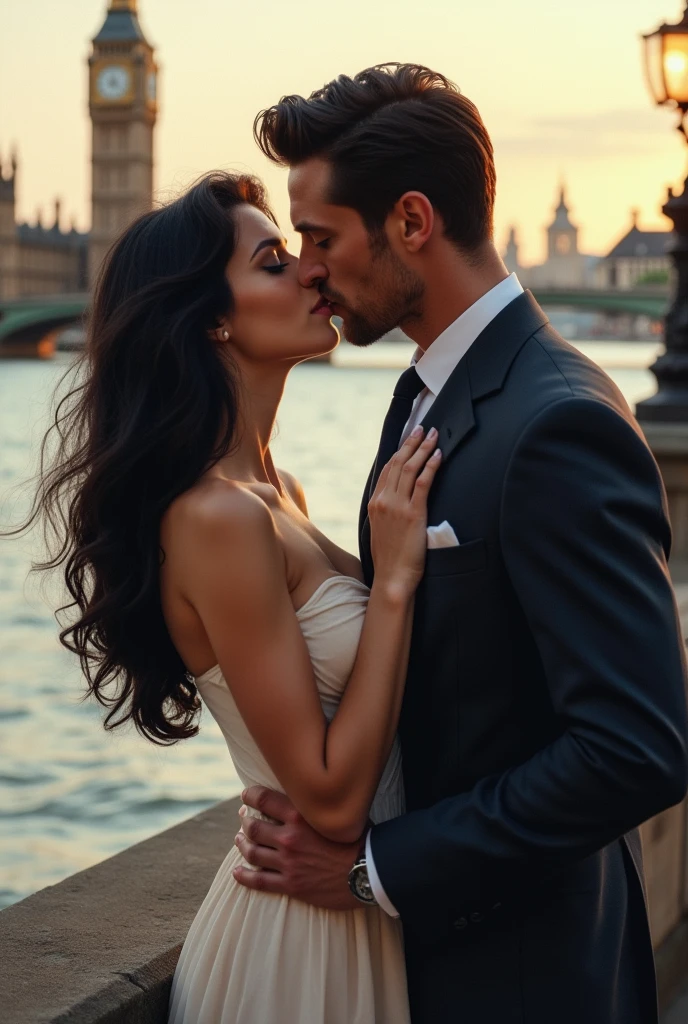 a pale woman with blue eyes and raven hair with a handsome man with a fit body and raven hair and dark blue eyes kissing near the river thames in the sixties